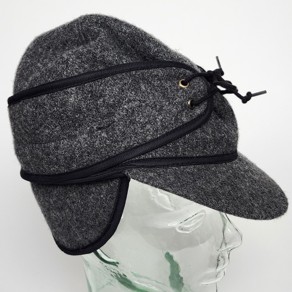 Vintage Crown Cap Railroad Front Lace Hat 7 1/8 Charcoal Canada Earflap Quilted